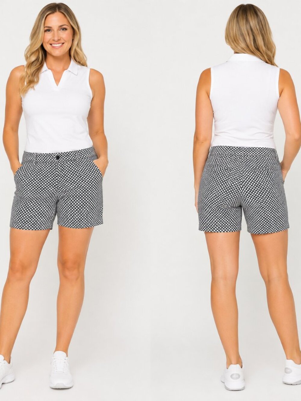 Lรณpez Womenโs Size 10 Geometric Print Golf Shorts Black White Stretch